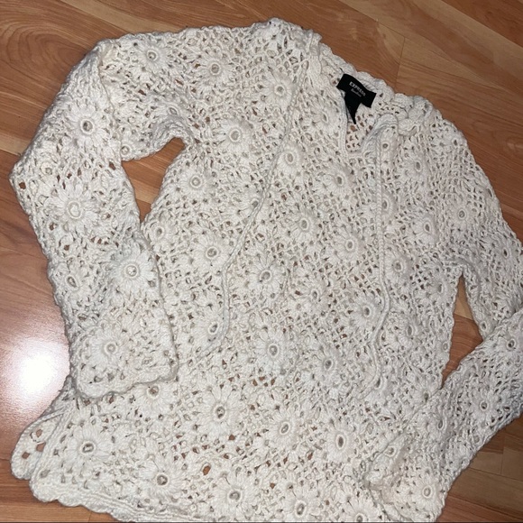EXPRESS Handknit Open Knit Cream Ivory  granny chic Crochet Wool  Sweater Small - Picture 11 of 13